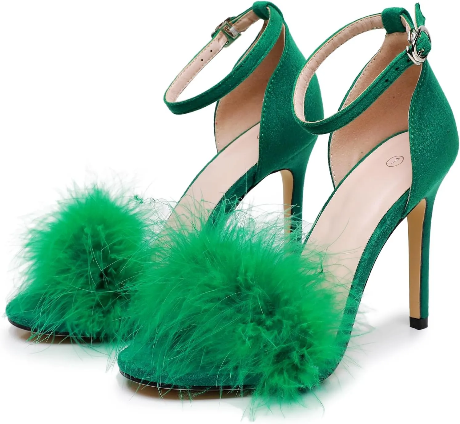 4.15 Inches Women's Ankle Strap Fluffy Feather Ankle Strap Stiletto Heels Sandals Open Toe Party Evening High Heel Pump Shoes