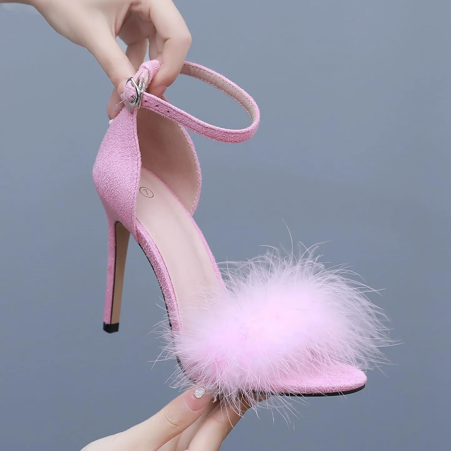 4.15 Inches Women's Ankle Strap Fluffy Feather Ankle Strap Stiletto Heels Sandals Open Toe Party Evening High Heel Pump Shoes