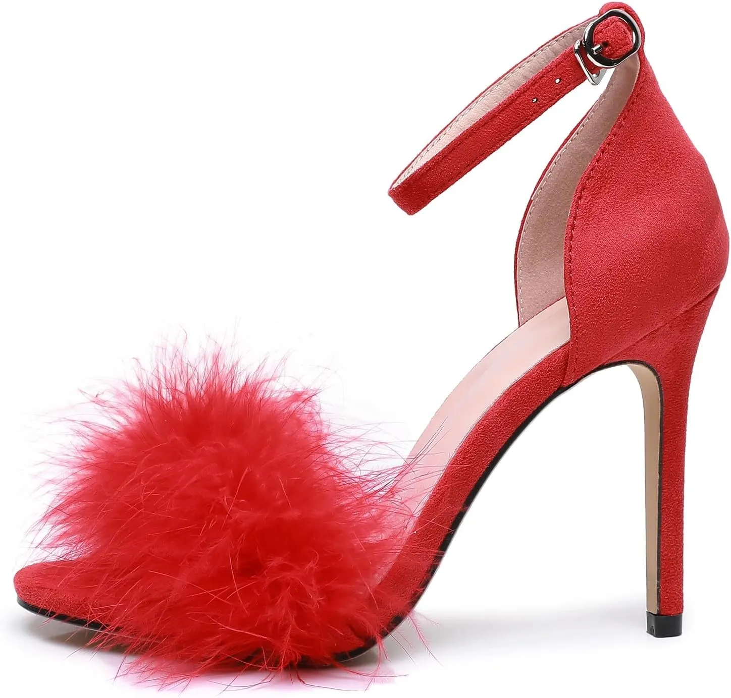 4.15 Inches Women's Ankle Strap Fluffy Feather Ankle Strap Stiletto Heels Sandals Open Toe Party Evening High Heel Pump Shoes