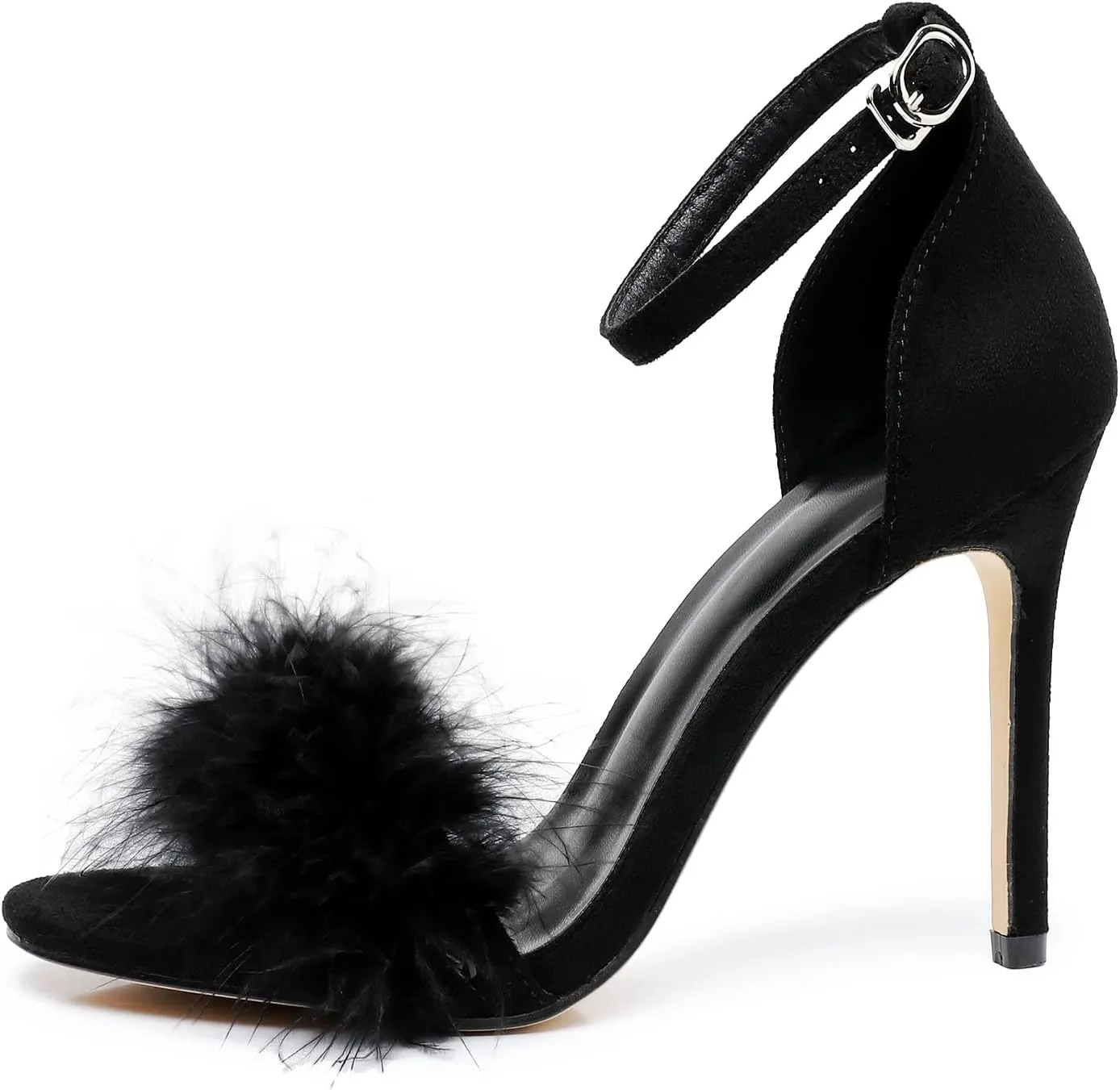 4.15 Inches Women's Ankle Strap Fluffy Feather Ankle Strap Stiletto Heels Sandals Open Toe Party Evening High Heel Pump Shoes
