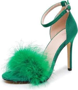 4.15 Inches Women's Ankle Strap Fluffy Feather Ankle Strap Stiletto Heels Sandals Open Toe Party Evening High Heel Pump Shoes