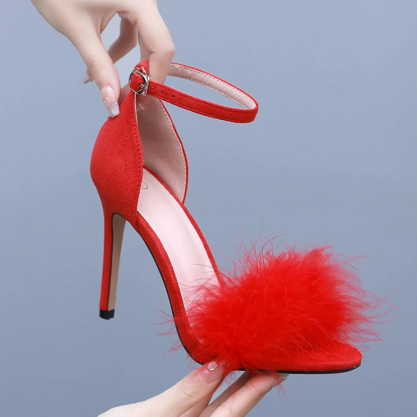 4.15 Inches Women's Ankle Strap Fluffy Feather Ankle Strap Stiletto Heels Sandals Open Toe Party Evening High Heel Pump Shoes
