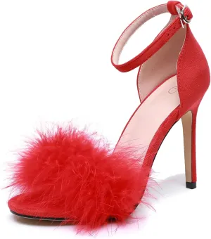 4.15 Inches Women's Ankle Strap Fluffy Feather Ankle Strap Stiletto Heels Sandals Open Toe Party Evening High Heel Pump Shoes