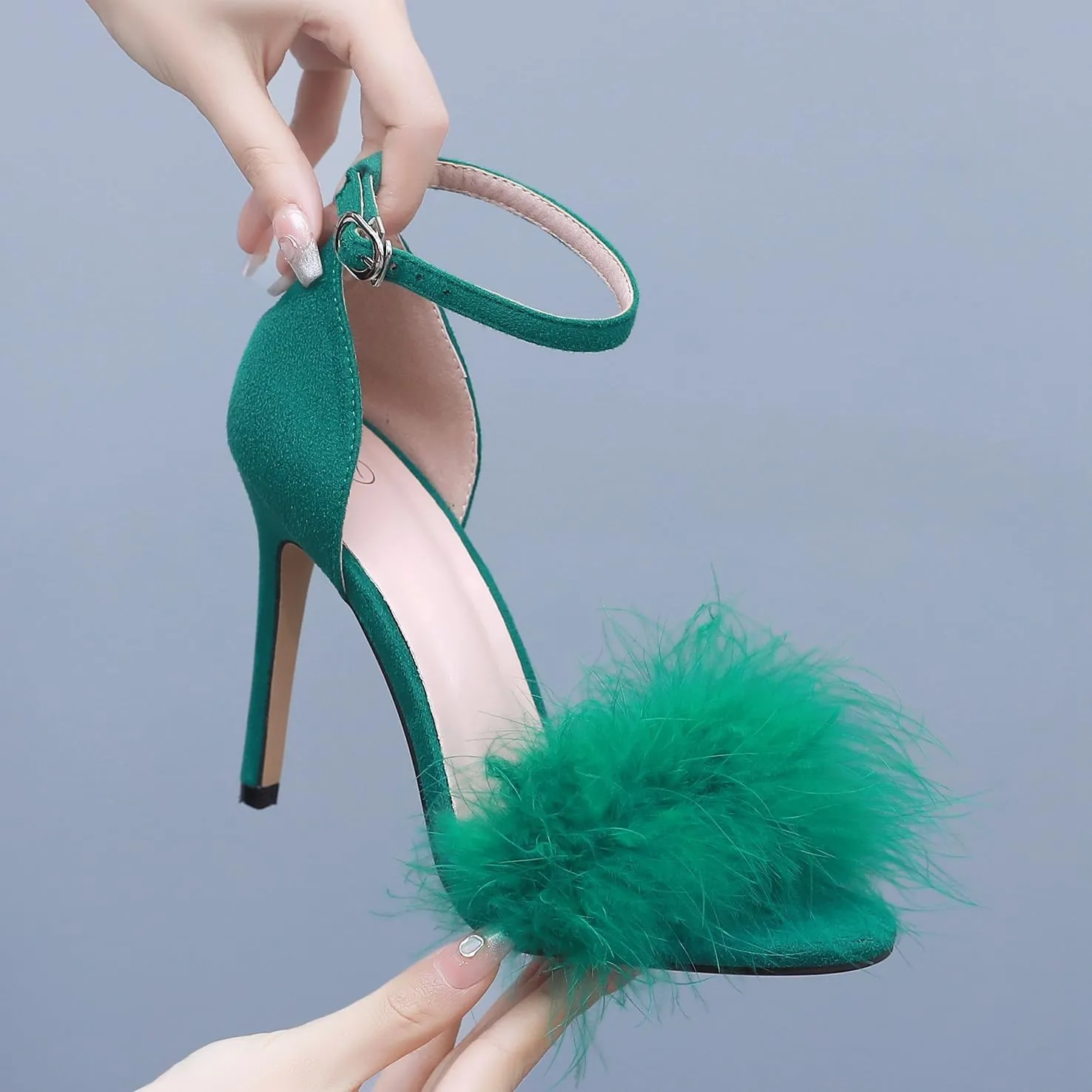 4.15 Inches Women's Ankle Strap Fluffy Feather Ankle Strap Stiletto Heels Sandals Open Toe Party Evening High Heel Pump Shoes