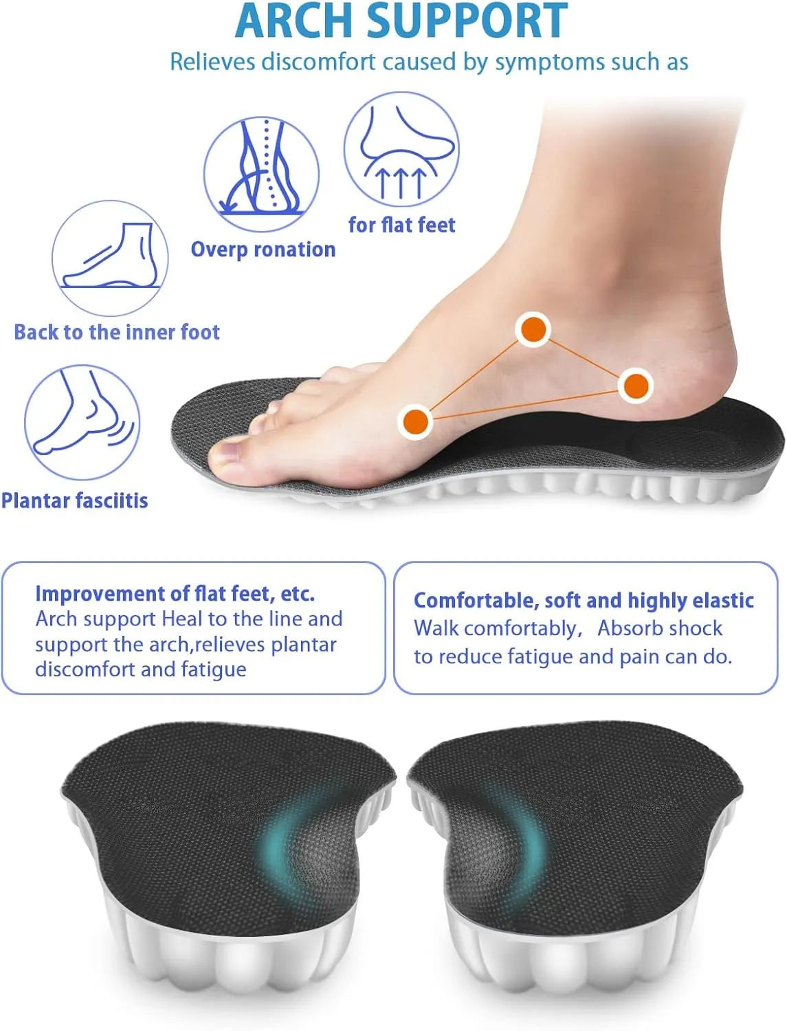 4D Cloud Insoles for Men and Women, Arch Support Insoles, Memory Foam Insoles, Shock Absorption and Cushioning Sports Shoe Insoles for Foot & Joint Support (L Men 8-9.5 | Women 9-10.5 Black)