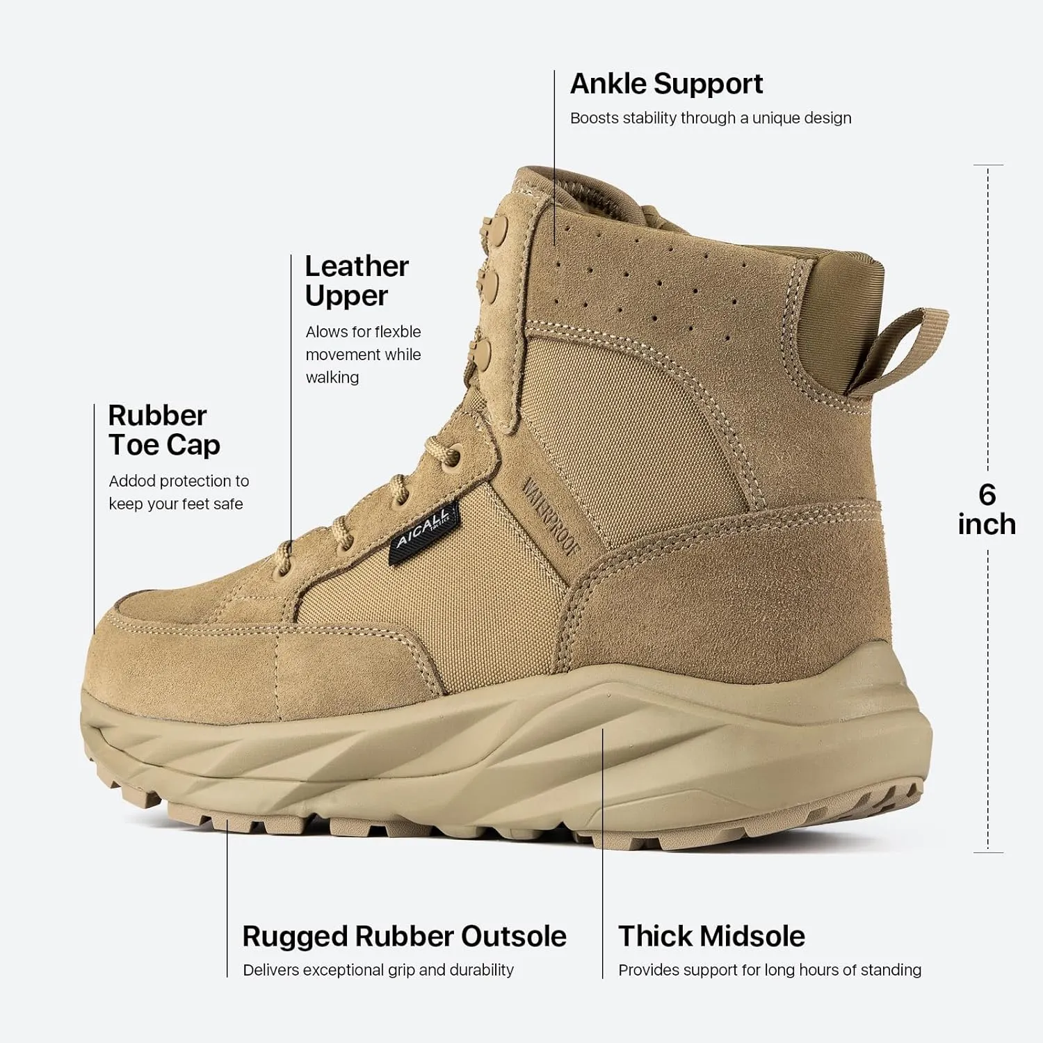 6 Inches Lightweight Waterproof Military Tactical Boots Men's Leather Combat Shoes Mens Hiking Work Boots
