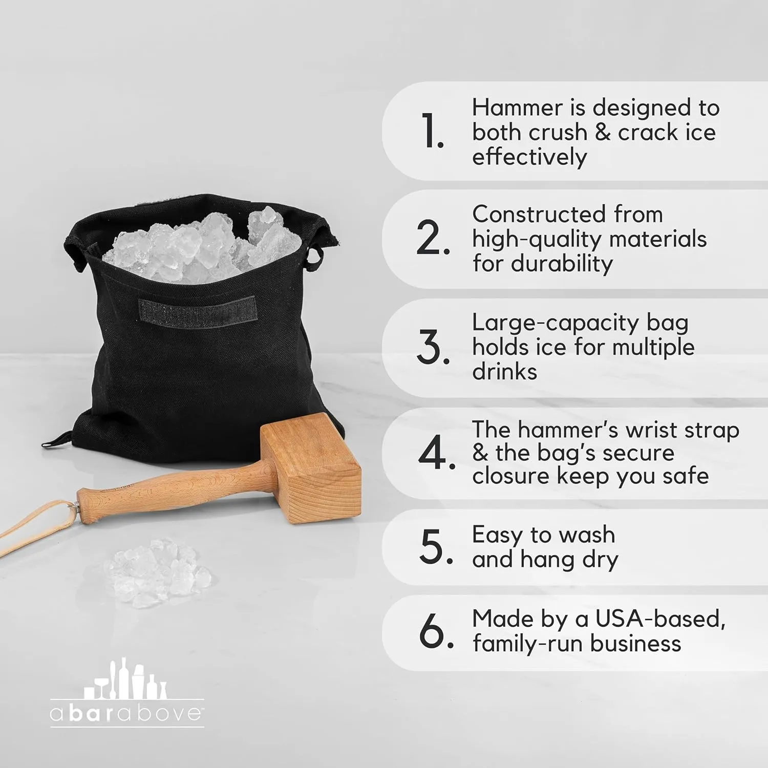 A Bar Above Wooden Ice Mallet and Lewis Bag, Includes Extra Large Manual Ice Crusher, Premium Canvas Lewis, Professional Grade Hammer, and Bag, for Bartender Kit, for Cocktails, 2 Pcs