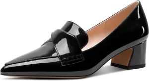 Aachcol Womens Chunky Block Low Heel Pointed Toe Pumps Slip-on Loafers Shoes Prom Office Dress Basic Classic Patent Leather 2.0 Inches Heels