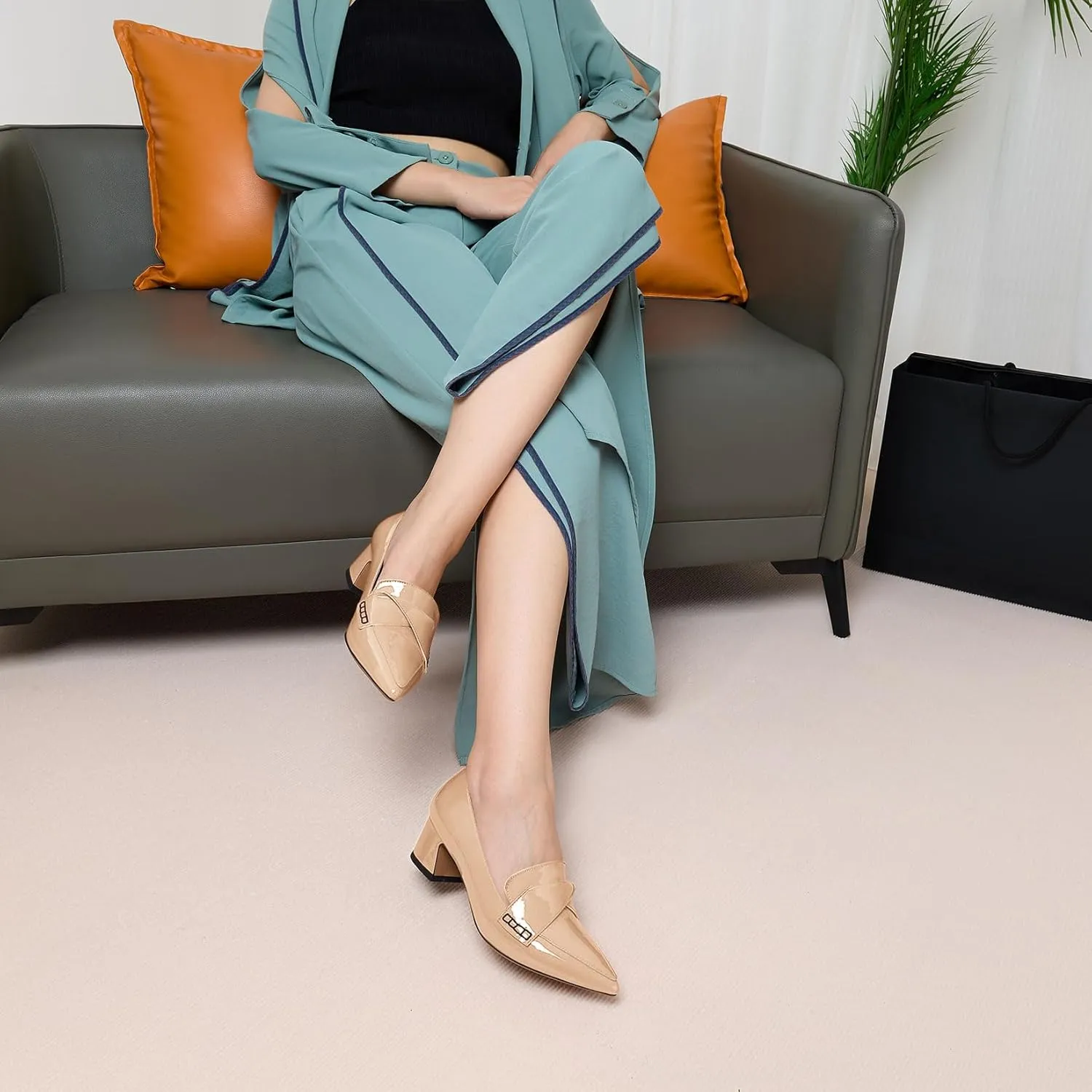 Aachcol Womens Chunky Block Low Heel Pointed Toe Pumps Slip-on Loafers Shoes Prom Office Dress Basic Classic Patent Leather 2.0 Inches Heels