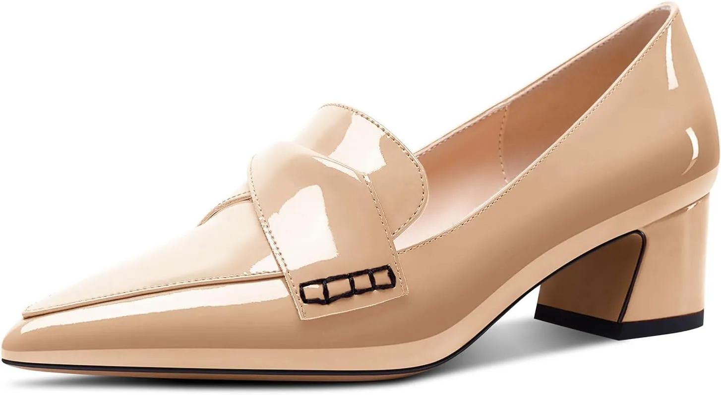 Aachcol Womens Chunky Block Low Heel Pointed Toe Pumps Slip-on Loafers Shoes Prom Office Dress Basic Classic Patent Leather 2.0 Inches Heels