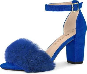Allegra K Women's Faux Fur Ankle Strap Block Heels Sandals