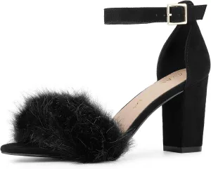 Allegra K Women's Faux Fur Ankle Strap Block Heels Sandals