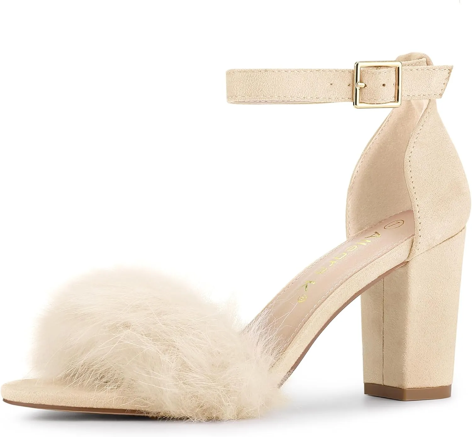 Allegra K Women's Faux Fur Ankle Strap Block Heels Sandals