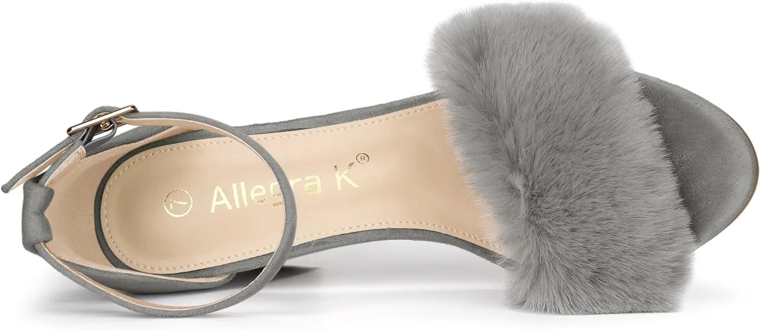 Allegra K Women's Faux Fur Ankle Strap Block Heels Sandals