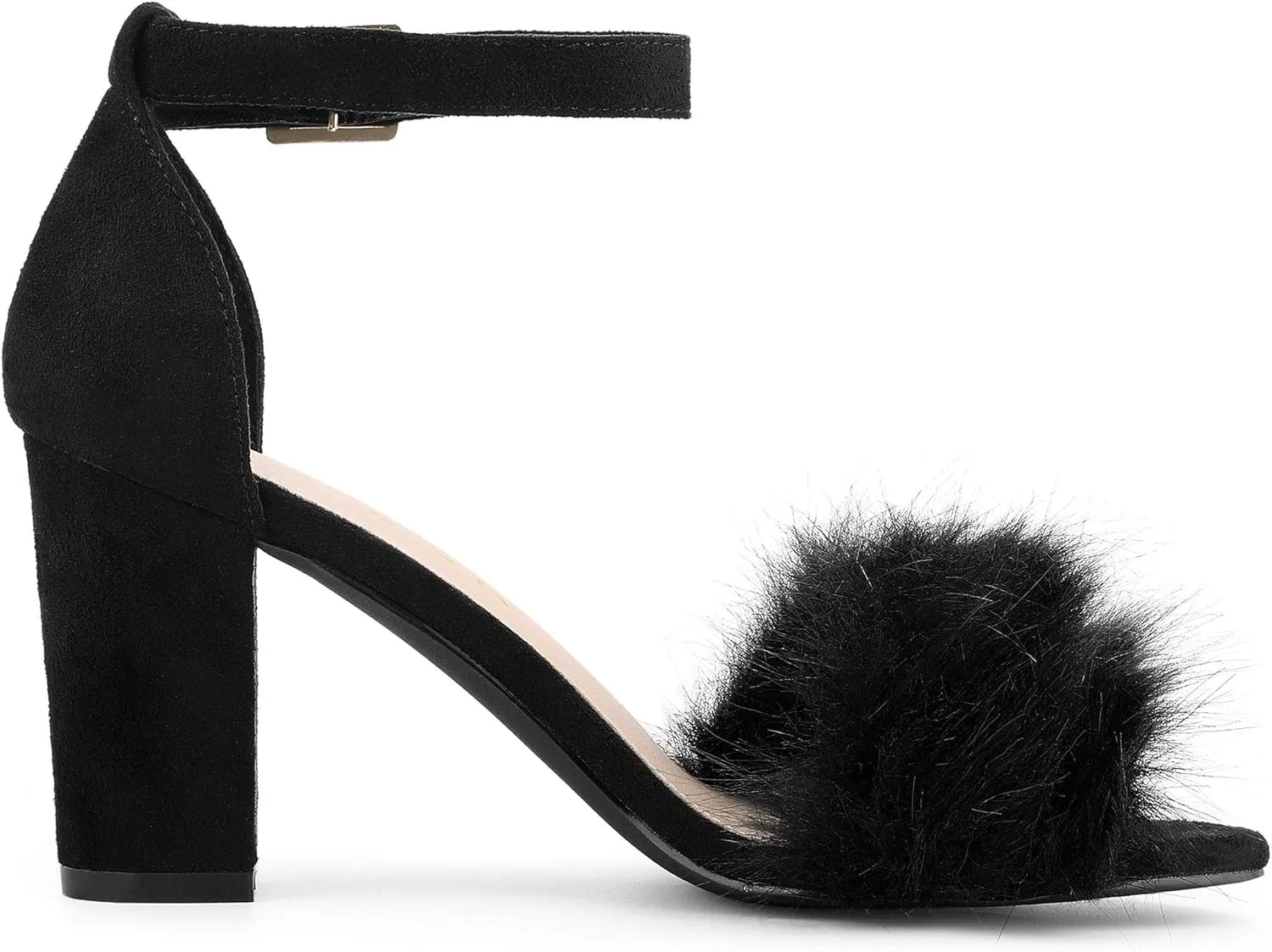 Allegra K Women's Faux Fur Ankle Strap Block Heels Sandals
