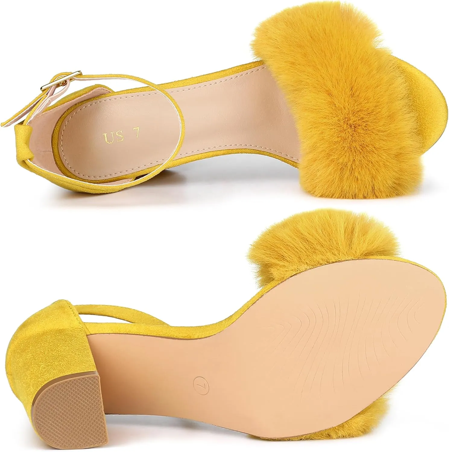 Allegra K Women's Faux Fur Ankle Strap Block Heels Sandals