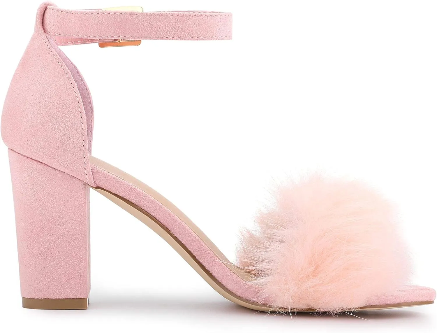 Allegra K Women's Faux Fur Ankle Strap Block Heels Sandals