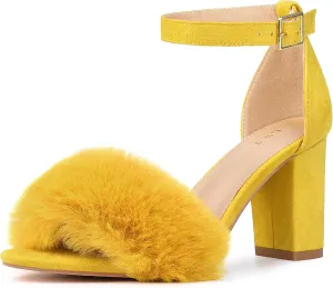 Allegra K Women's Faux Fur Ankle Strap Block Heels Sandals