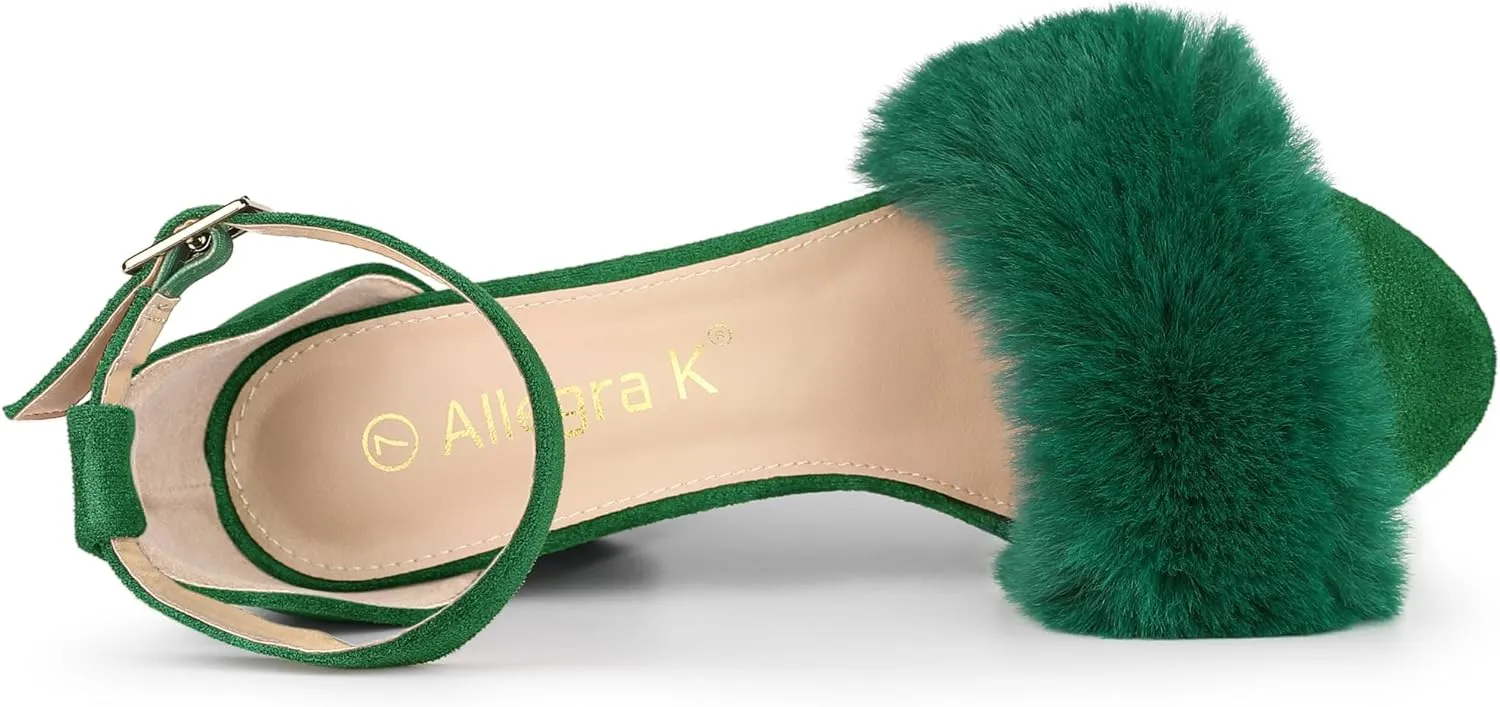 Allegra K Women's Faux Fur Ankle Strap Block Heels Sandals