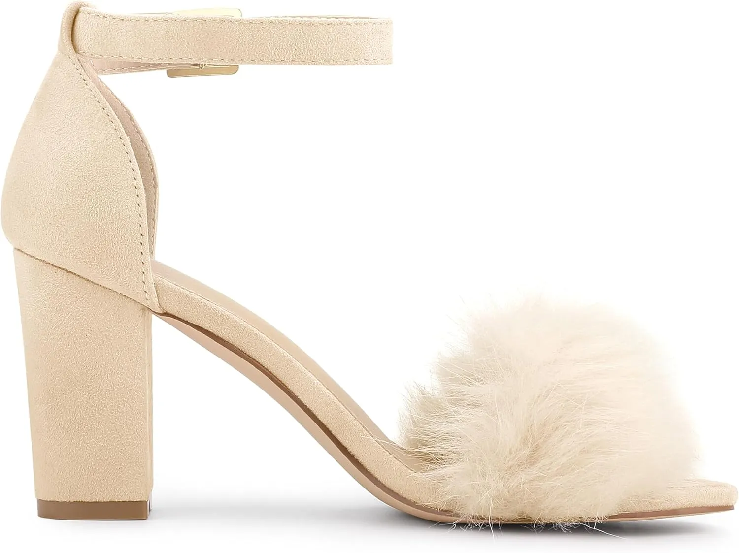 Allegra K Women's Faux Fur Ankle Strap Block Heels Sandals