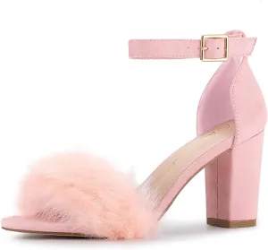 Allegra K Women's Faux Fur Ankle Strap Block Heels Sandals
