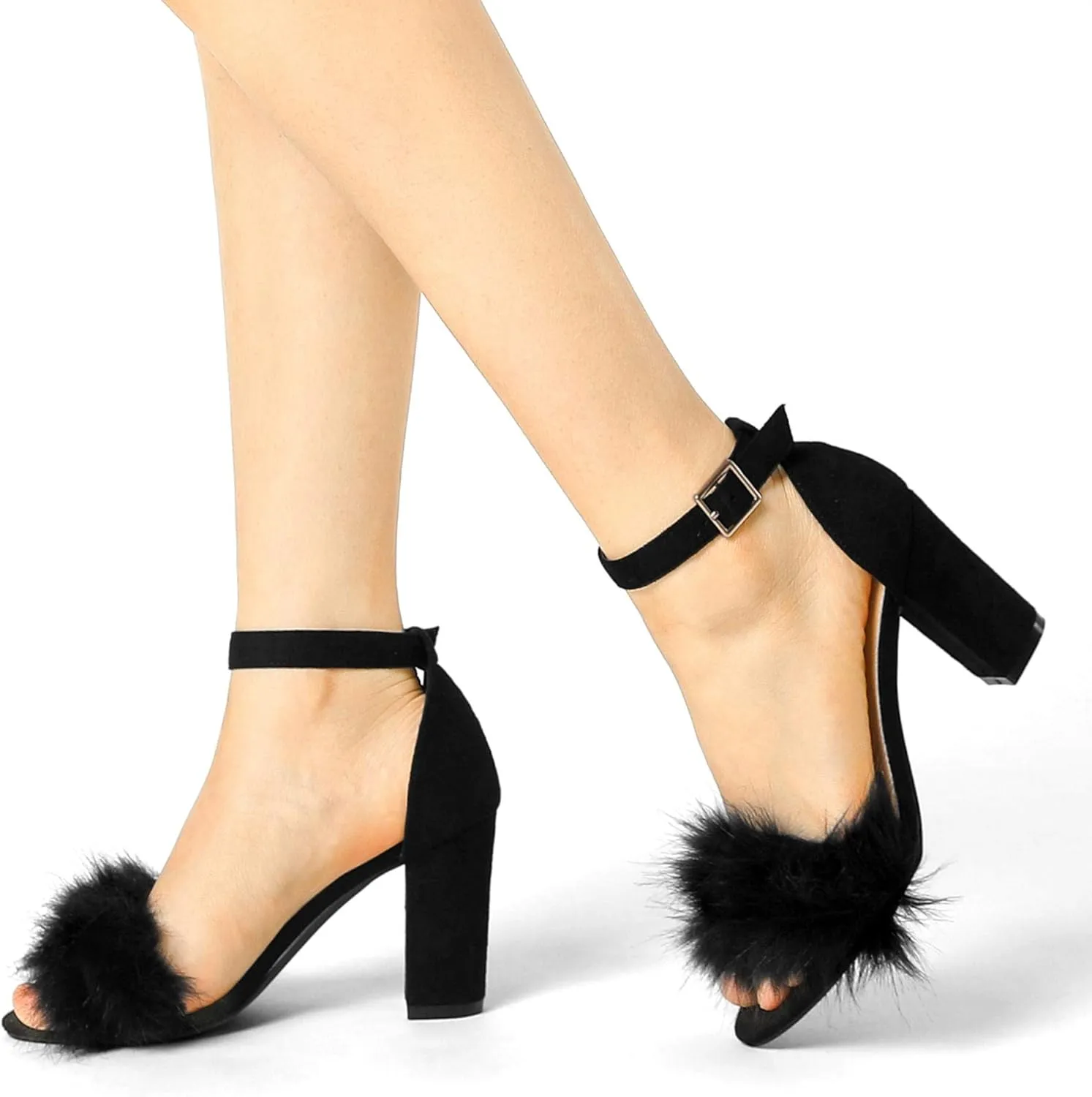 Allegra K Women's Faux Fur Ankle Strap Block Heels Sandals