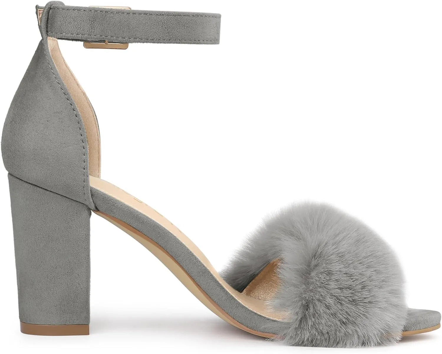 Allegra K Women's Faux Fur Ankle Strap Block Heels Sandals