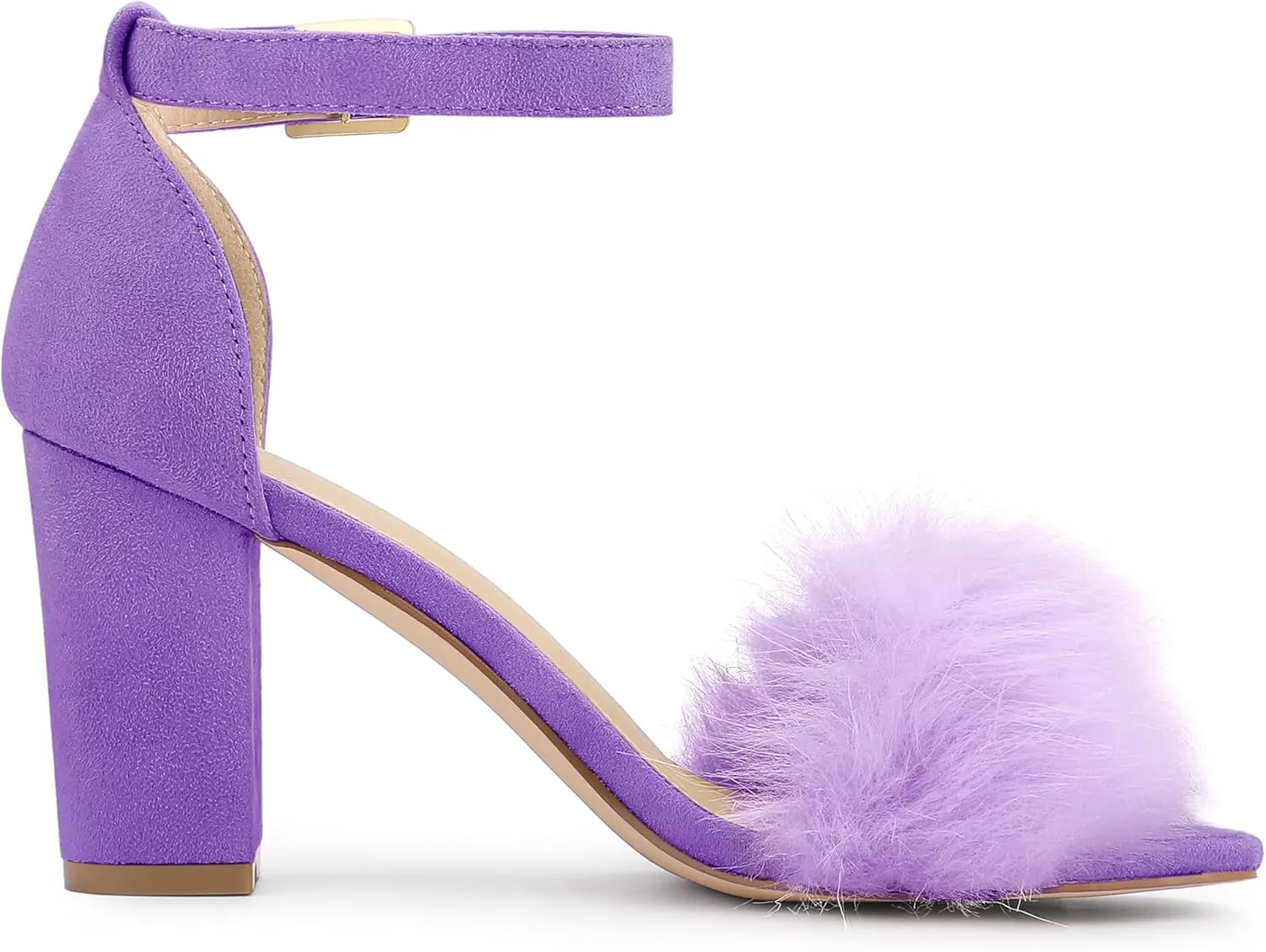 Allegra K Women's Faux Fur Ankle Strap Block Heels Sandals