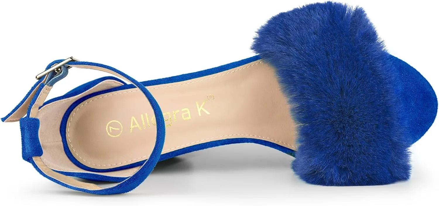 Allegra K Women's Faux Fur Ankle Strap Block Heels Sandals