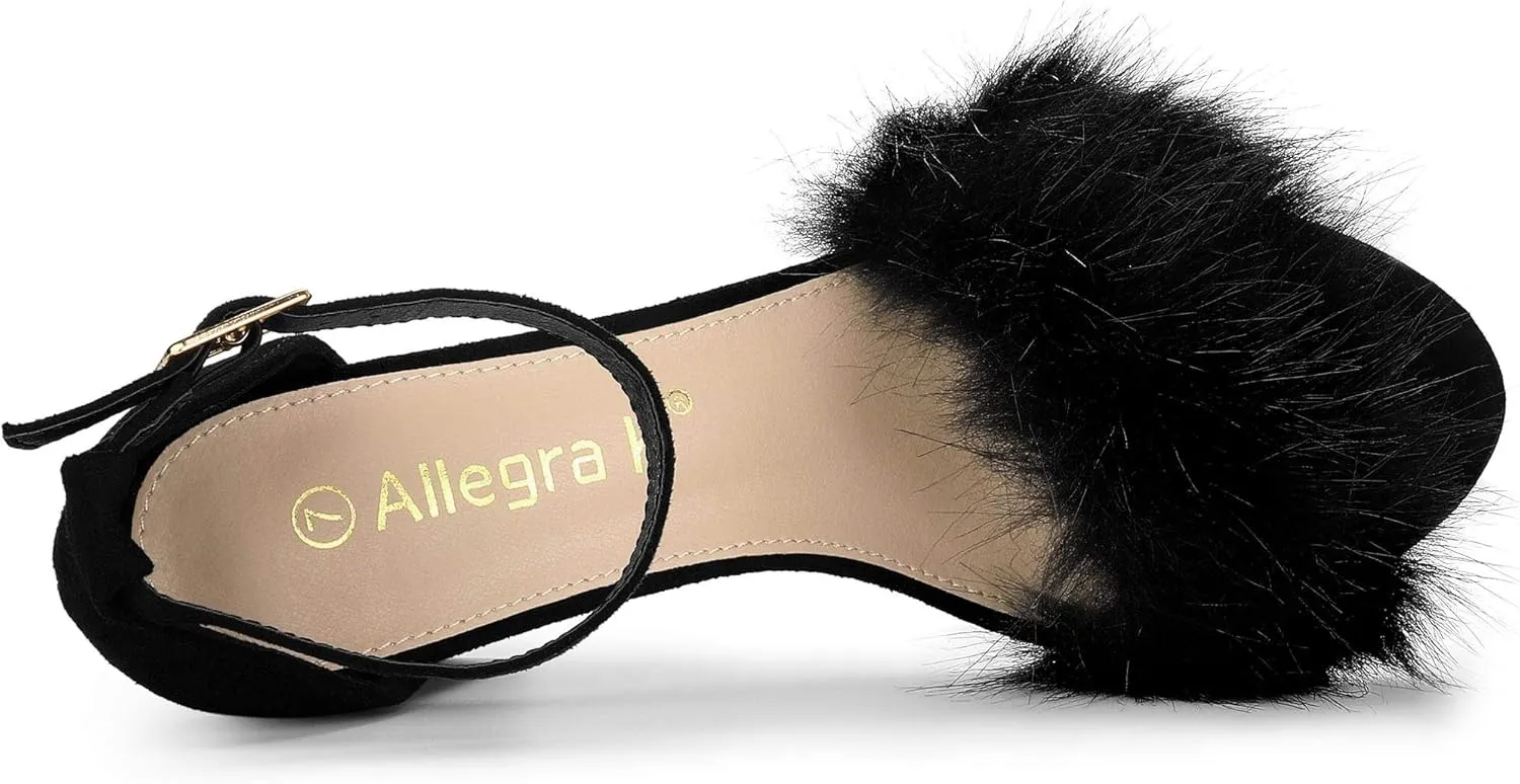 Allegra K Women's Faux Fur Ankle Strap Block Heels Sandals
