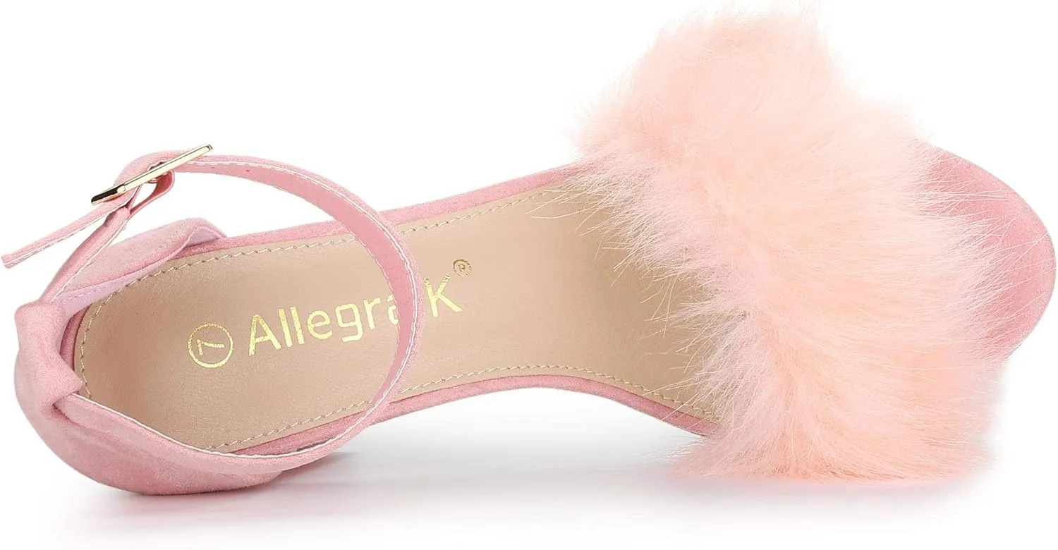 Allegra K Women's Faux Fur Ankle Strap Block Heels Sandals