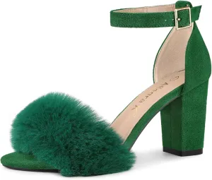 Allegra K Women's Faux Fur Ankle Strap Block Heels Sandals