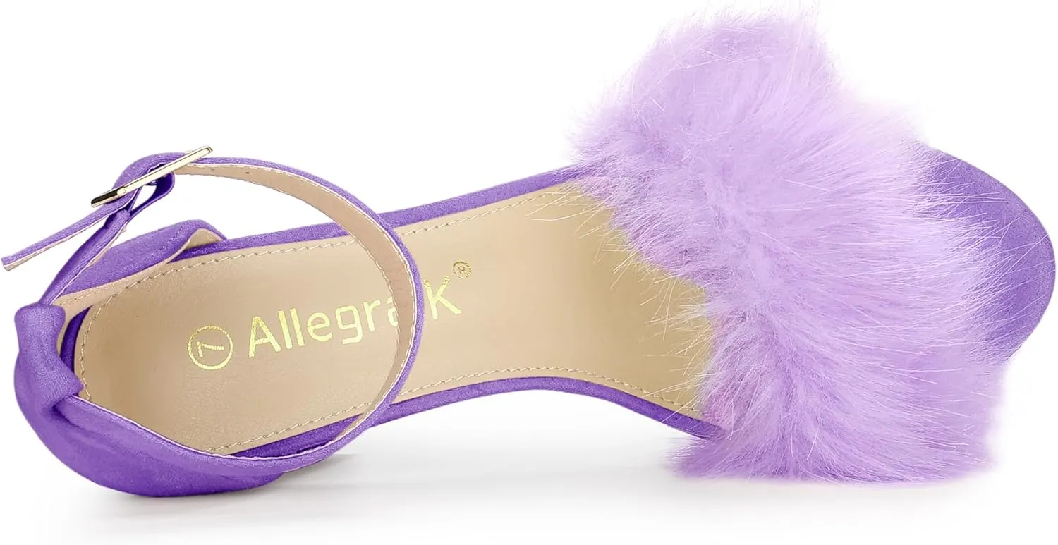 Allegra K Women's Faux Fur Ankle Strap Block Heels Sandals