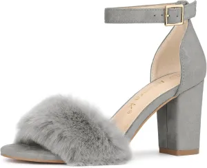 Allegra K Women's Faux Fur Ankle Strap Block Heels Sandals