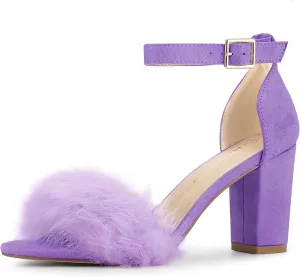 Allegra K Women's Faux Fur Ankle Strap Block Heels Sandals