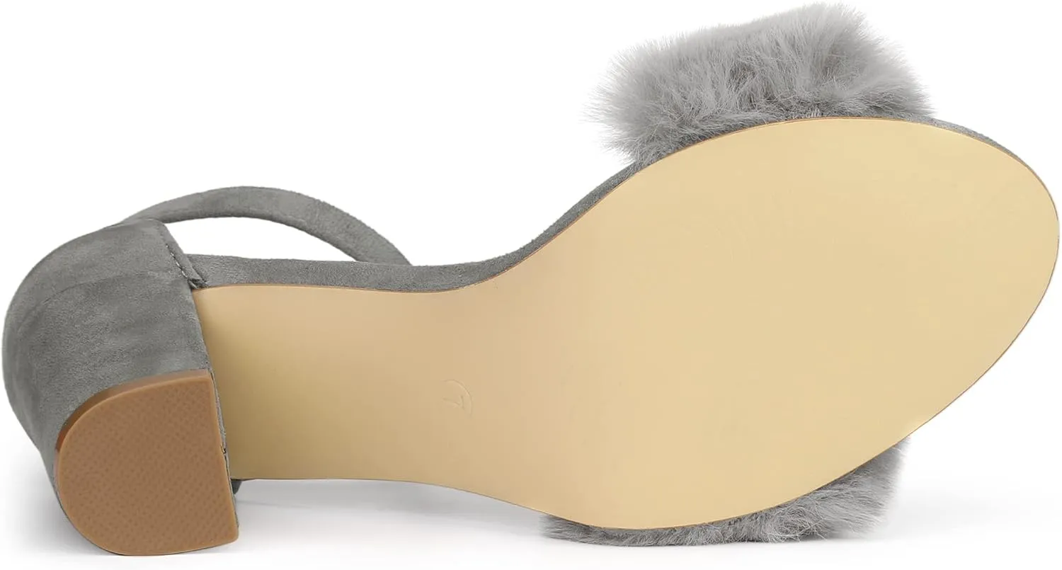 Allegra K Women's Faux Fur Ankle Strap Block Heels Sandals