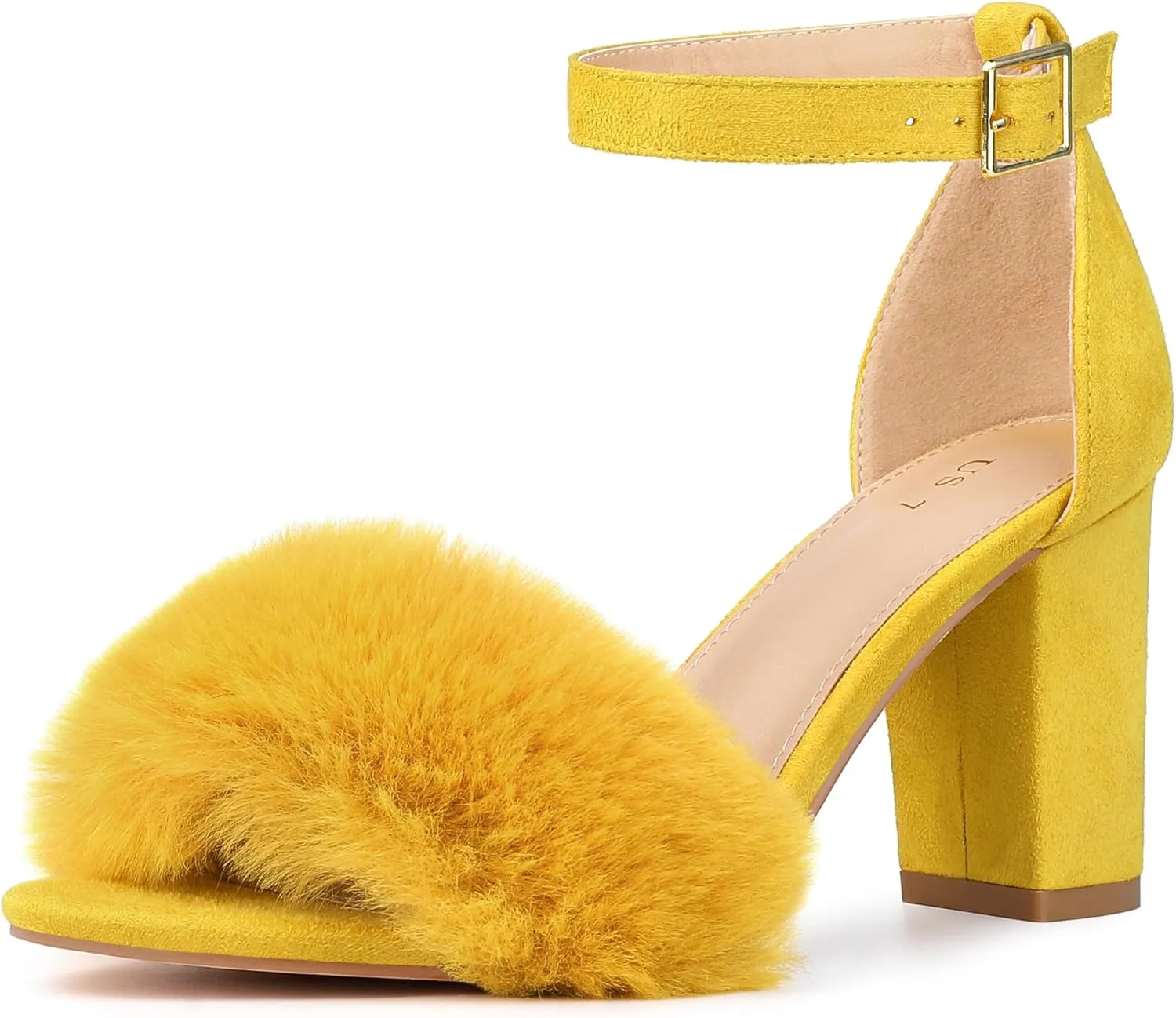 Allegra K Women's Faux Fur Ankle Strap Block Heels Sandals
