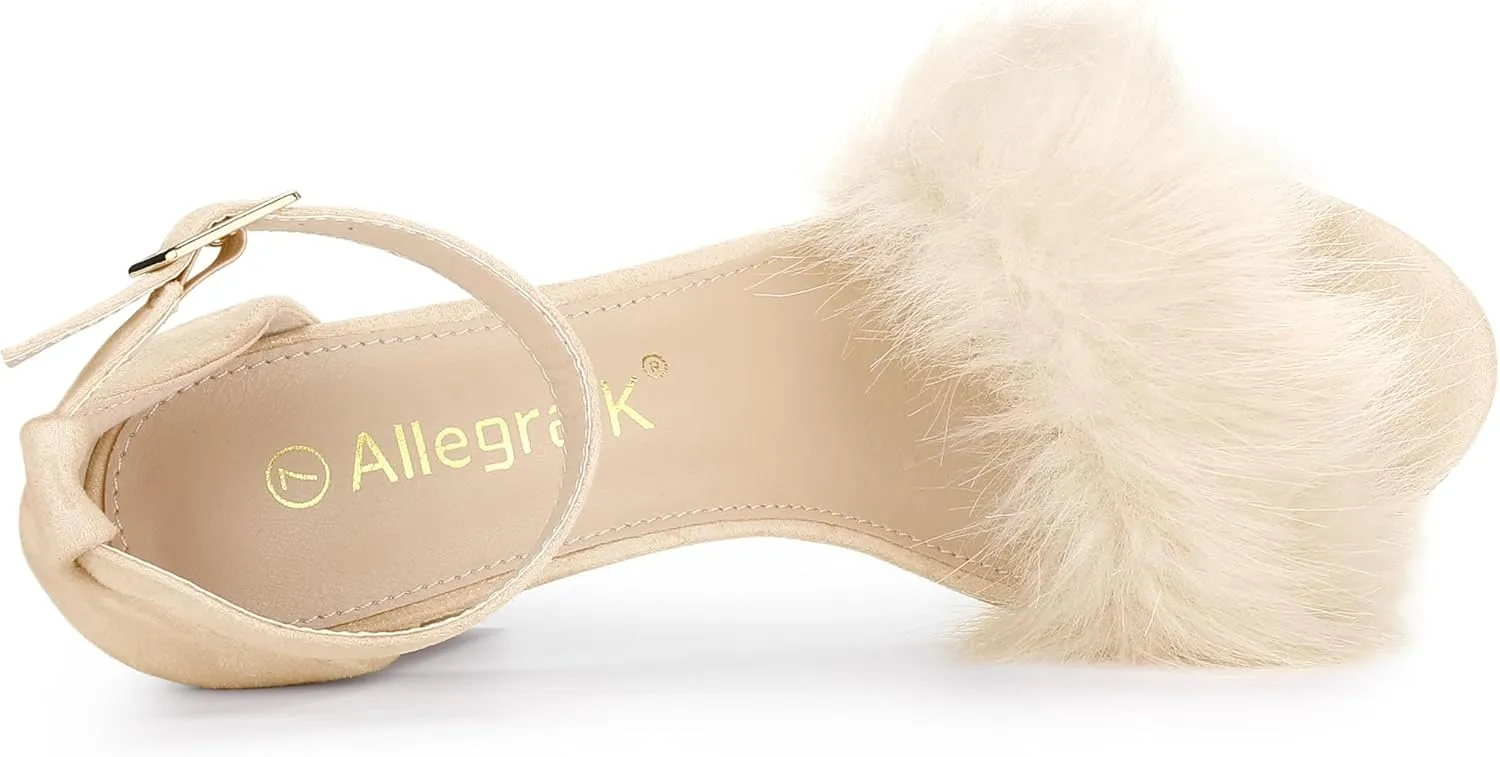Allegra K Women's Faux Fur Ankle Strap Block Heels Sandals