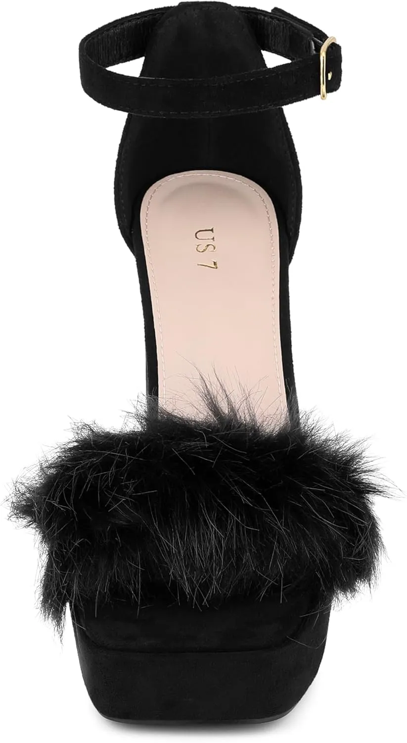 Allegra K Women's Square Toe Faux Fur Platform Chunky Heels Sandals