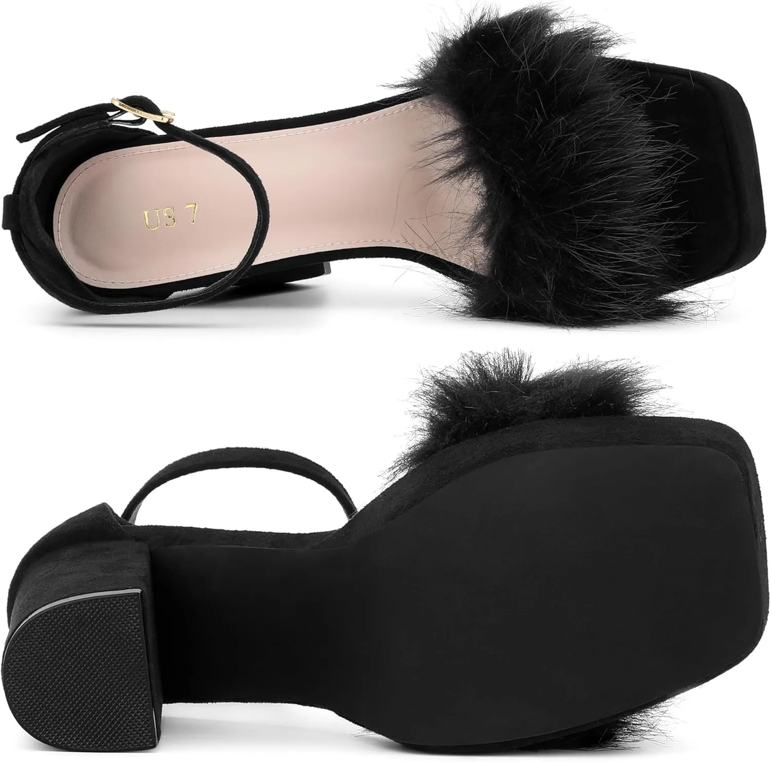 Allegra K Women's Square Toe Faux Fur Platform Chunky Heels Sandals