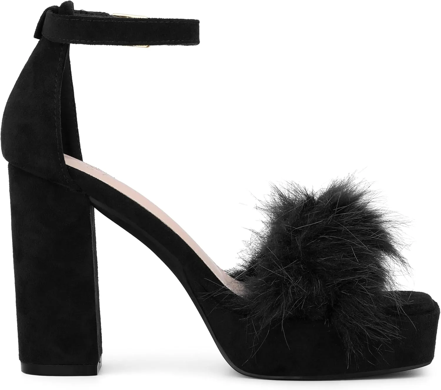 Allegra K Women's Square Toe Faux Fur Platform Chunky Heels Sandals