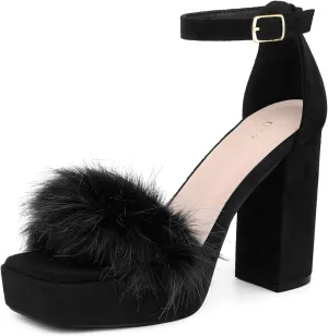 Allegra K Women's Square Toe Faux Fur Platform Chunky Heels Sandals