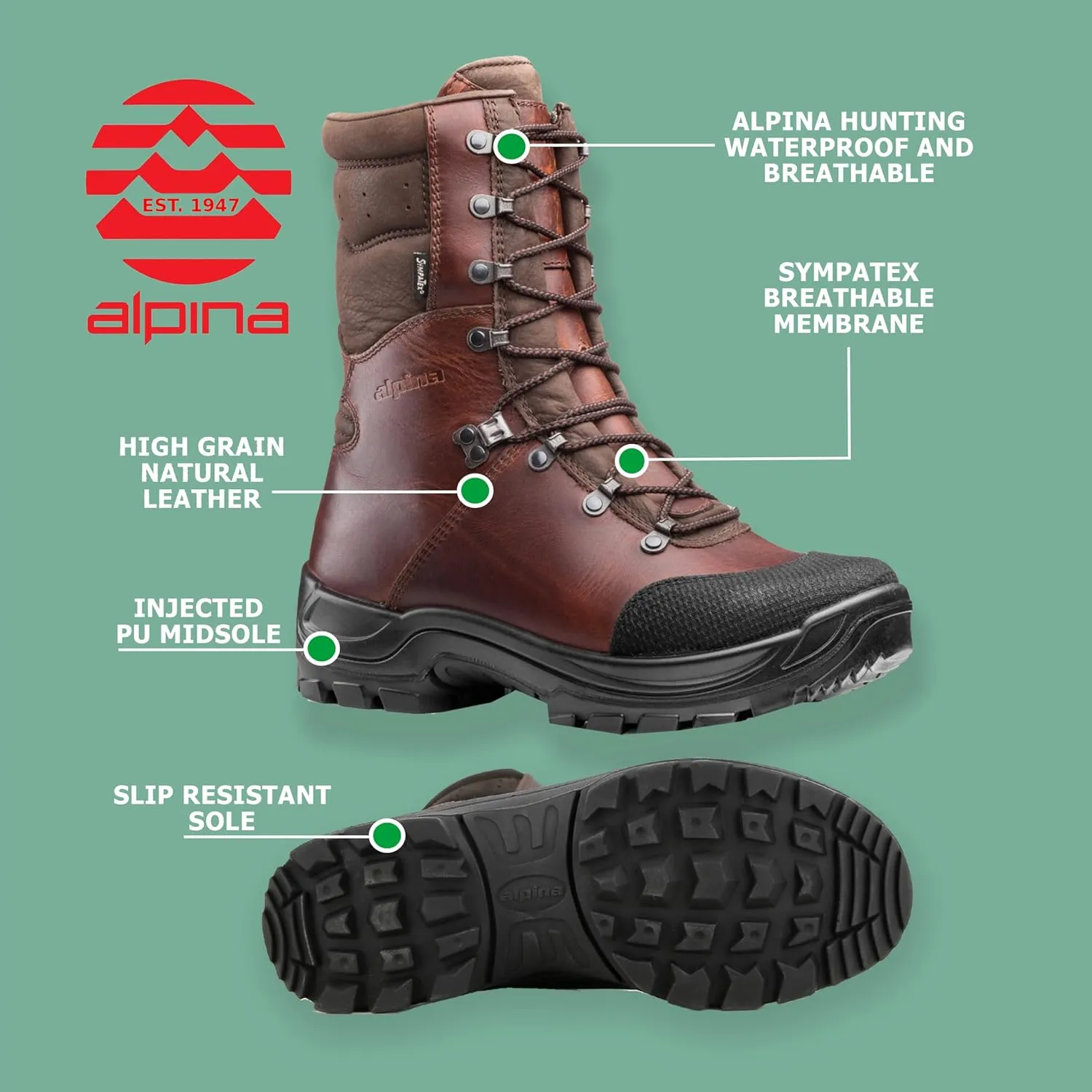 Alpina Men's Hunting Shoes TRAPPER - Waterproof Leather Boots with Sympatex Breathable Membrane and Slip Resistant Sole Made in Europe