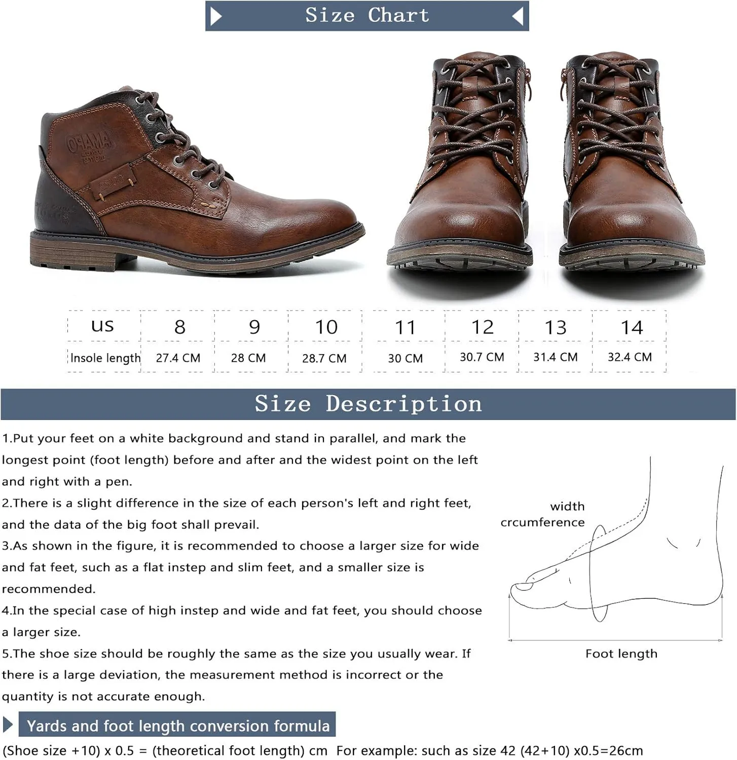 AMAPO Men Oxford Boots, Buckle Dress Boot, Casual Men Boots Lace-Up Side Zipper