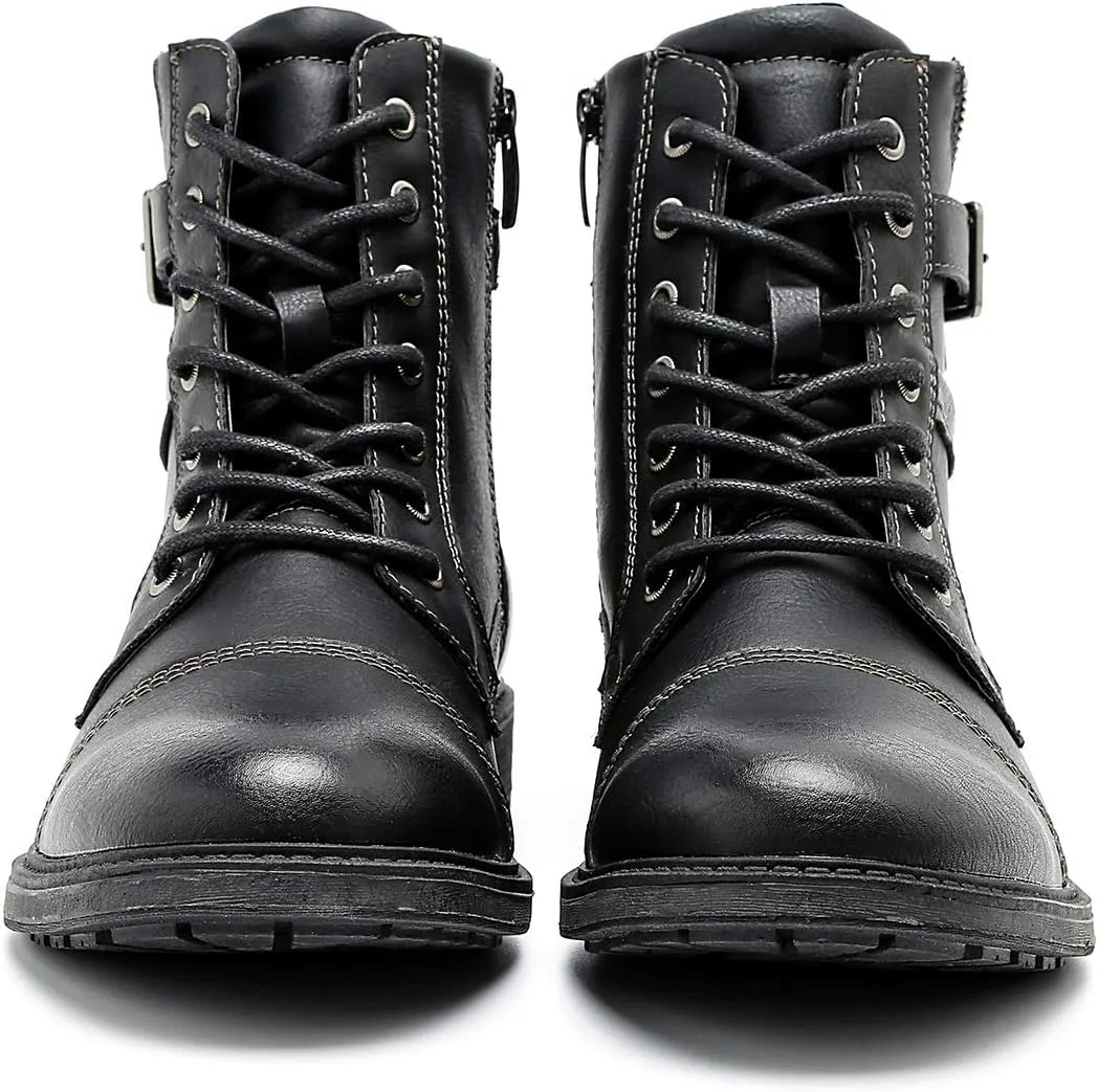 AMAPO Men Oxford Boots, Buckle Dress Boot, Casual Men Boots Lace-Up Side Zipper