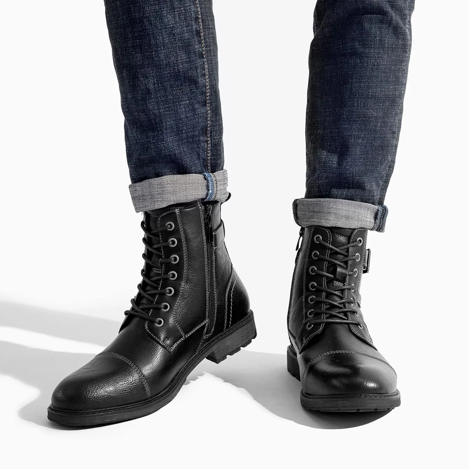 AMAPO Men Oxford Boots, Buckle Dress Boot, Casual Men Boots Lace-Up Side Zipper