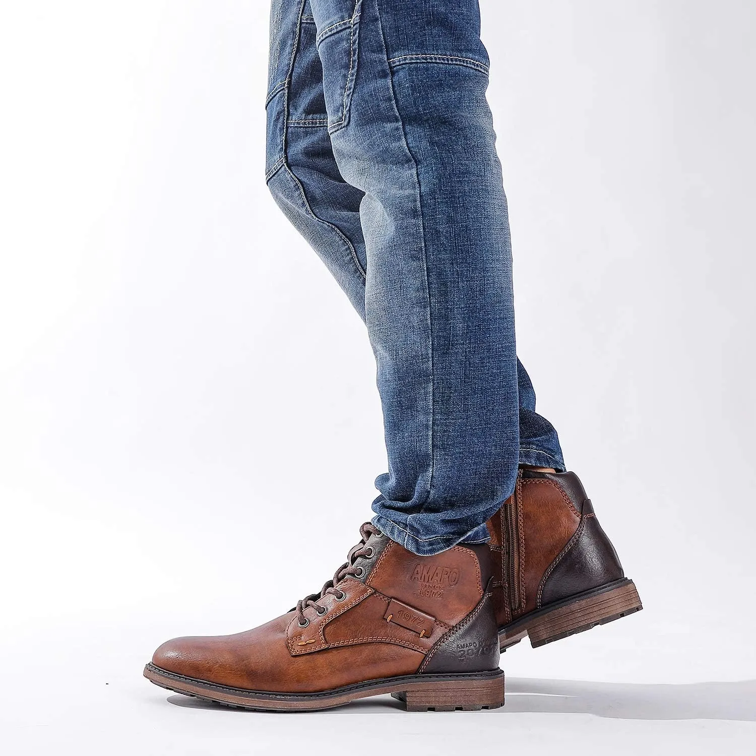 AMAPO Men Oxford Boots, Buckle Dress Boot, Casual Men Boots Lace-Up Side Zipper