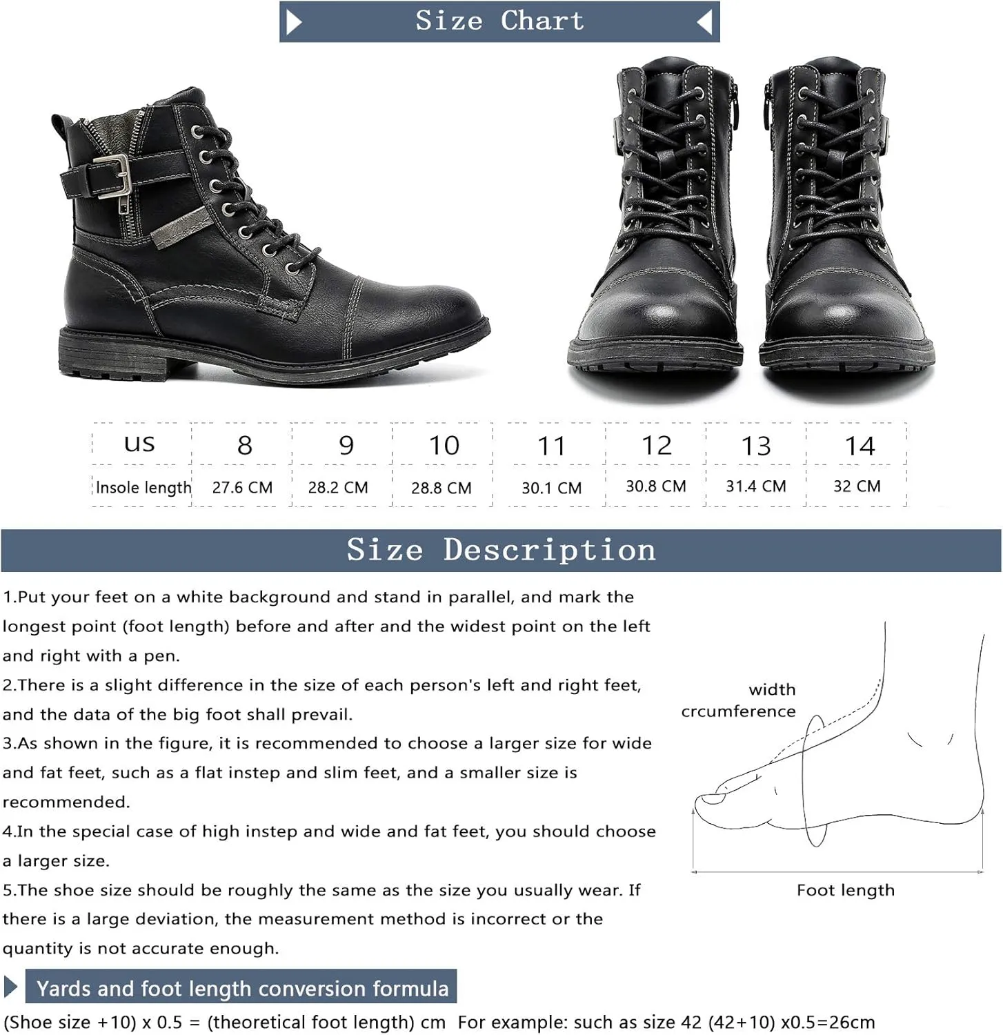 AMAPO Men Oxford Boots, Buckle Dress Boot, Casual Men Boots Lace-Up Side Zipper