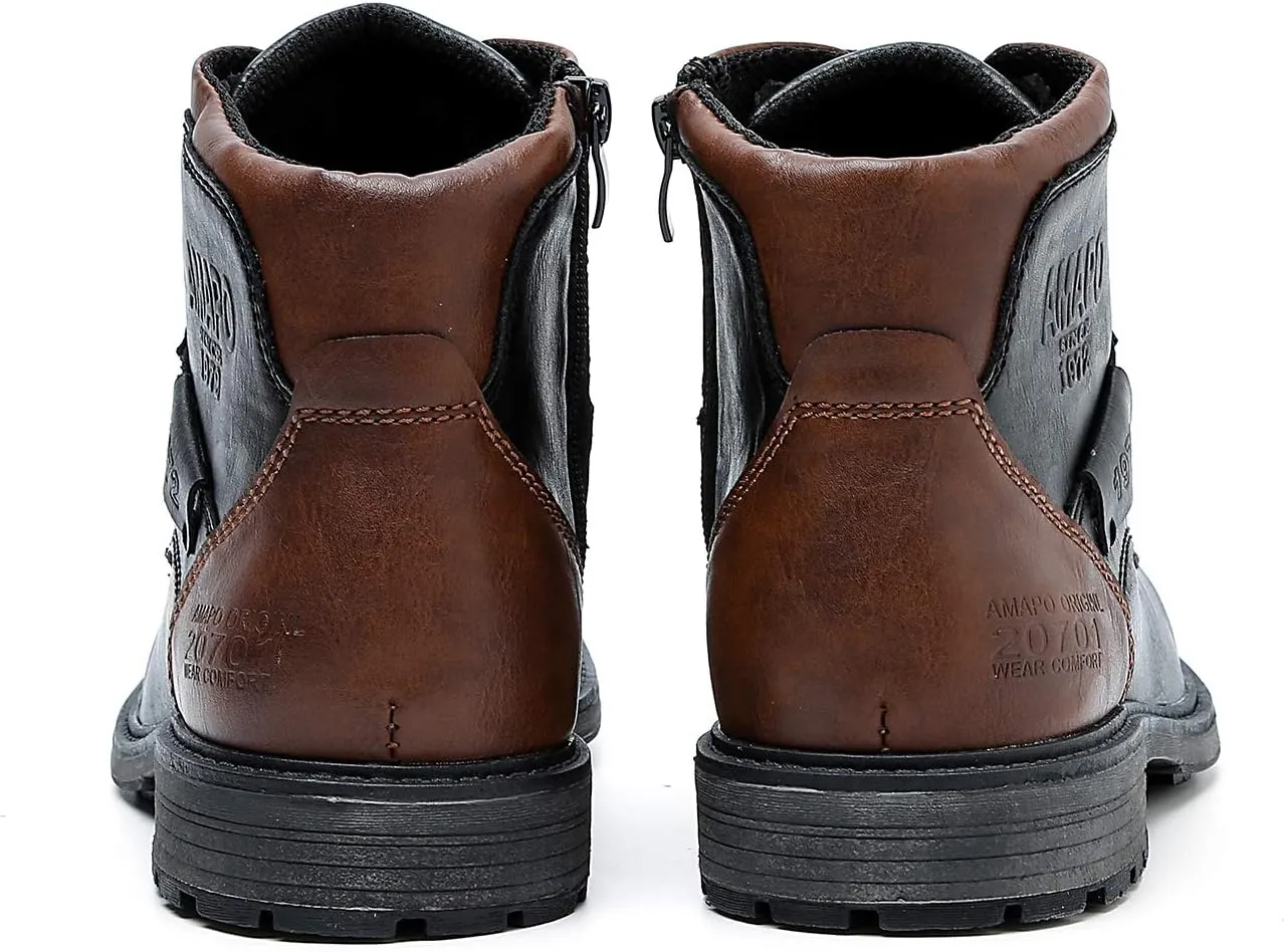 AMAPO Men Oxford Boots, Buckle Dress Boot, Casual Men Boots Lace-Up Side Zipper