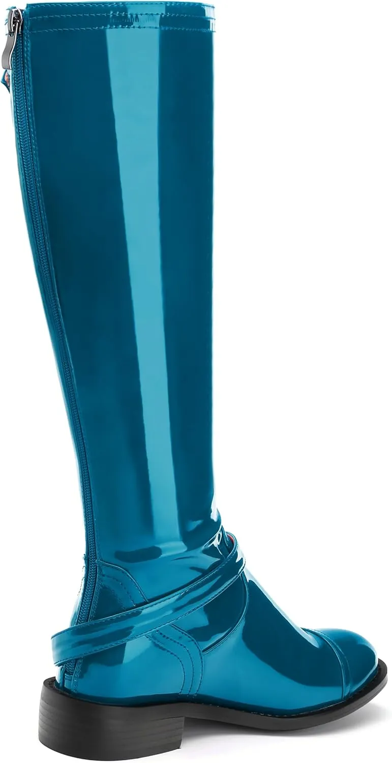 AMBELIGHT Flat Knee High Boots for Women Zipper Round Toe Patent Low Heel Wide Calf Long Boots Casual Fall Winter Tall Boots